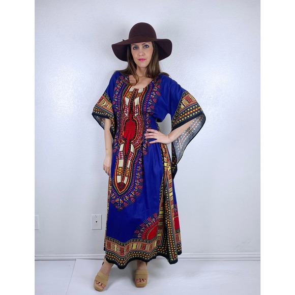 vintage 70s Royal Blue ANGEL SLEEVE DASHIKI s/m/l maxi dress ethnic kaftan bold - Picture 2 of 10